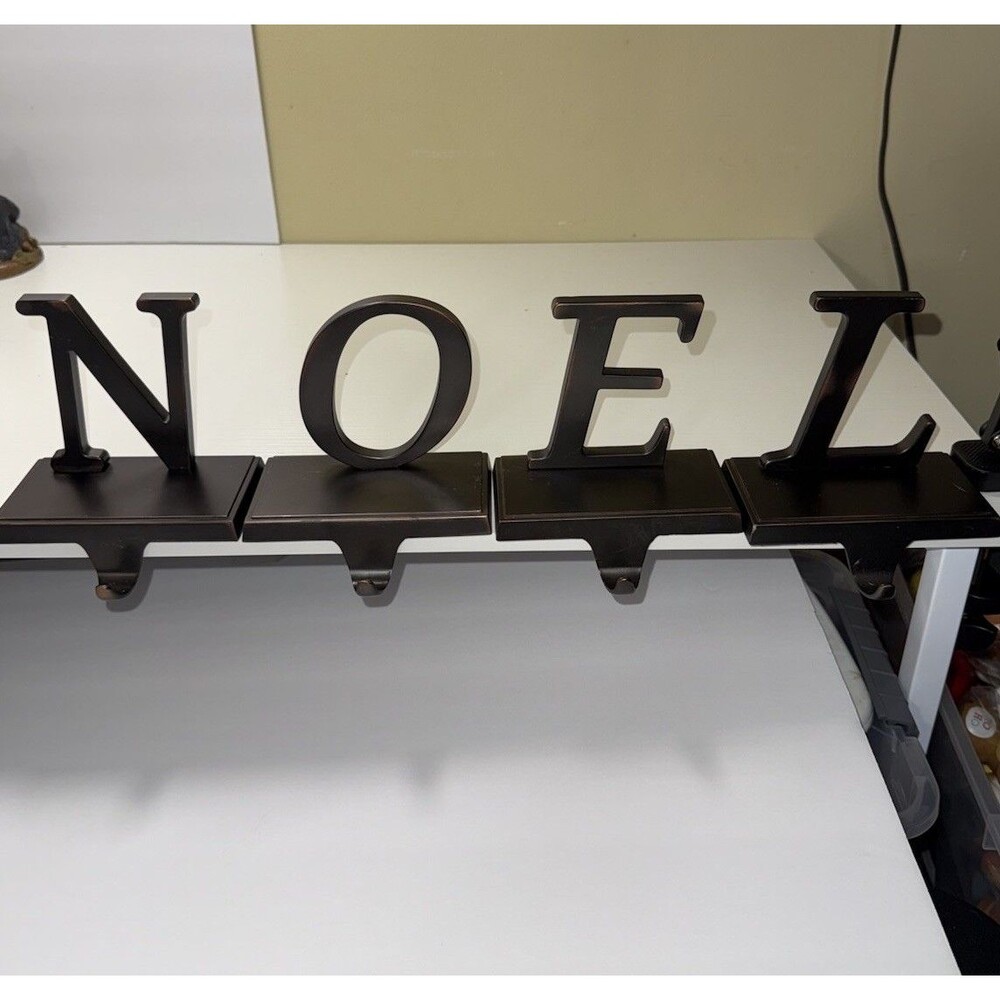 Set of 4 Distressed Brass Tone Christmas Stocking Holders Hang Spells N.O.E.L.